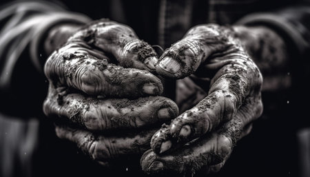 Dirty hands crafting mud art in nature generated by artificial intelligenceの素材