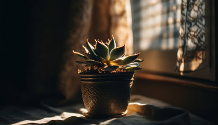 Green succulent plant in flower pot on table generated by artificial intelligenceの素材