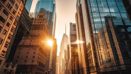 Futuristic skyscraper illuminates city at twilight sunset generated by artificial intelligenceの素材