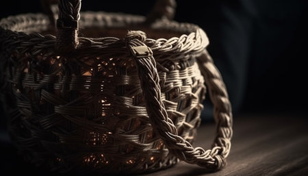 Woven wicker basket, rustic handle, homemade craft generated by artificial intelligenceの素材