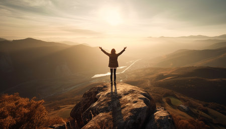 Standing on mountain peak, arms raised in success generated by artificial intelligenceの素材
