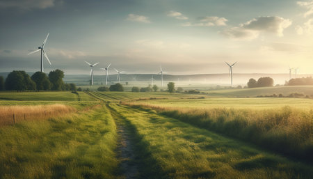 Wind turbine turning, powering farm with green energy generated by artificial intelligenceの素材