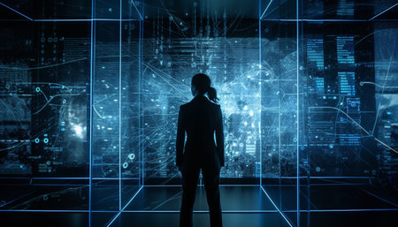 Futuristic businessman standing in glowing skyscraper cityscape generated by artificial intelligenceの素材