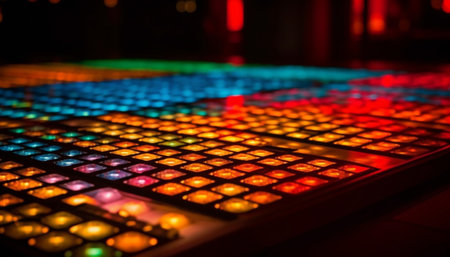 Glowing neon lights illuminate modern nightclub party scene generated by artificial intelligenceの素材