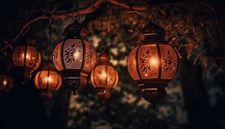Ancient paper lantern glowing, illuminating night celebration generated by artificial intelligenceの素材
