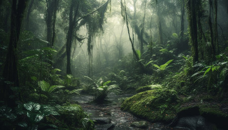 Mystery in nature Tranquil foggy forest adventure generated by artificial intelligenceの素材