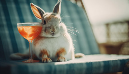 Cute fluffy baby rabbit sitting on table drinking generated by artificial intelligenceの素材