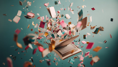 Education celebration, flying confetti, messy destruction chaos generated by artificial intelligenceの素材