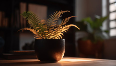 Fresh green houseplant on wooden table near window generated by artificial intelligenceの素材