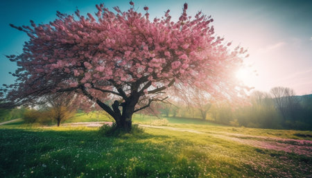 Cherry blossom tree in meadow at dawn generated by artificial intelligenceの素材