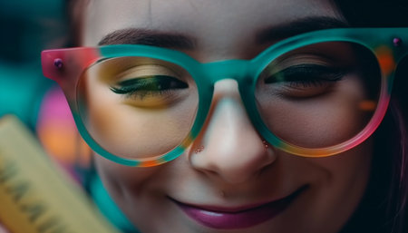 Smiling children in eyeglasses enjoying summer reading generated by artificial intelligenceの素材