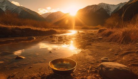 Sunset over mountain range, tranquil scene reflected generated by artificial intelligenceの素材