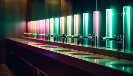 Shiny modern faucet illuminates empty stainless steel sink generated by artificial intelligenceの素材