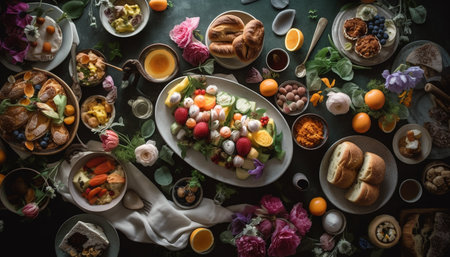 Healthy eating Fresh fruit and vegetable salad generated by artificial intelligenceの素材