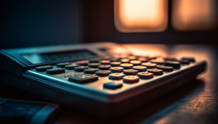 Selective focus on old calculator illuminates financial figures generated by artificial intelligenceの素材