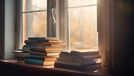 Reading old literature in a sunlit library generated by artificial intelligenceの素材