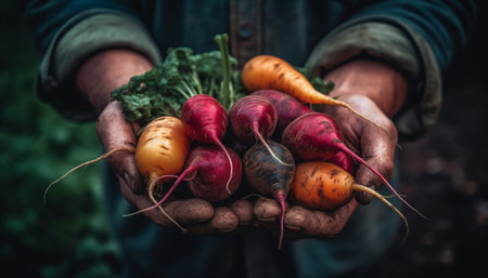 Human hand holding fresh organic carrot from farm generated by artificial intelligenceの素材