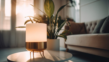 Comfortable sofa, modern lamp, elegant chair, nature inspired generated by artificial intelligenceの素材