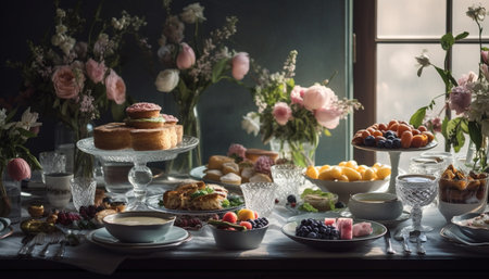 Homemade desserts, gourmet snacks, fresh berries, indulgence generated by artificial intelligenceの素材