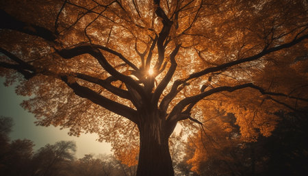 Backlit tree trunk illuminated by autumn sunset generated by artificial intelligenceの素材