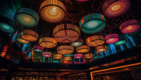 Glowing lanterns illuminate modern nightclub architecture indoors generated by artificial intelligenceの素材
