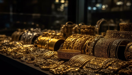 Shiny gold jewelry collection in a retail store generated by artificial intelligenceの素材