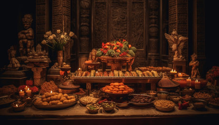 Spiritual altar decorated with fruit, candle flame generated by artificial intelligenceの素材