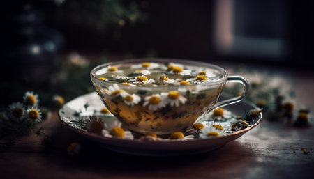 Fresh organic chamomile tea on rustic wooden table generated by artificial intelligenceの素材