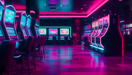 Glowing neon lights illuminate the casino floor generated by artificial intelligenceの素材