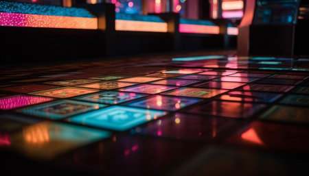 Glowing modern nightclub with vibrant colors and technology generated by artificial intelligenceの素材
