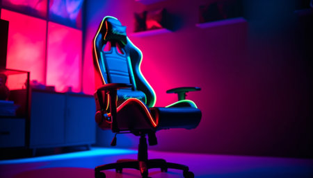 Sitting in modern office chair, illuminated by technology generated by artificial intelligenceの素材