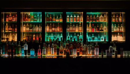 Shelf of bottles, illuminated in dark bar generated by artificial intelligenceの素材