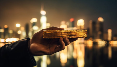 Celebrating success, holding illuminated skyscraper flame generated by artificial intelligenceの素材