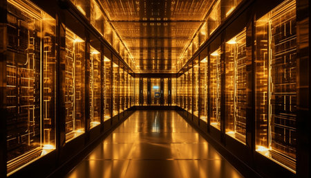 Futuristic architecture illuminates modern domestic room at night generated by artificial intelligenceの素材