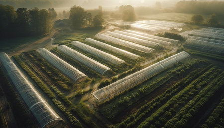 High angle view of factory polluting nature generated by artificial intelligenceの素材