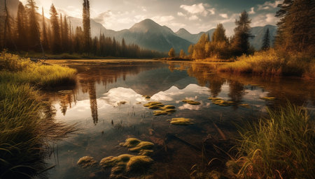 Majestic mountain range reflects in tranquil pond generated by artificial intelligenceの素材