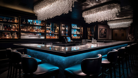 Luxury bar counter illuminated with modern lighting generated by artificial intelligenceの素材