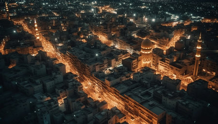 Ancient minaret illuminated by lantern at dusk generated by artificial intelligenceの素材