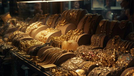 Large collection of shiny jewelry in store generated by artificial intelligenceの素材