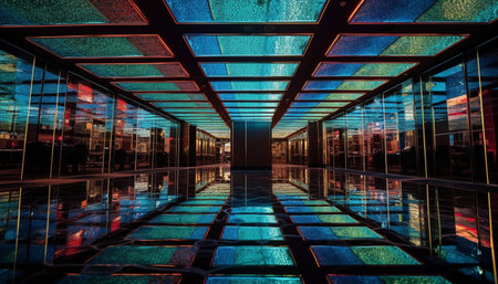 Futuristic skyscraper reflects vibrant city life at night generated by artificial intelligenceの素材