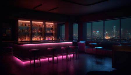 Luxury bar illuminated by electric lamps inside generated by artificial intelligenceの素材