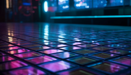 Illuminated nightlife in modern nightclub with vibrant colors generated by artificial intelligenceの素材