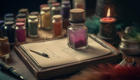 Antique quill pen on old book page generated by artificial intelligenceの素材