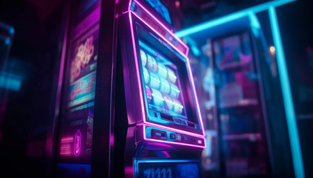 Glowing casino machinery illuminates the night luck generated by artificial intelligenceの素材