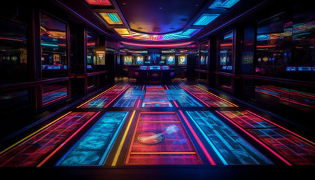 Glowing neon lights illuminate modern nightclub activity generated by artificial intelligenceの素材