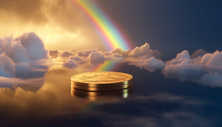 A glowing circle of gold coins falls heavenward generated by artificial intelligenceの素材