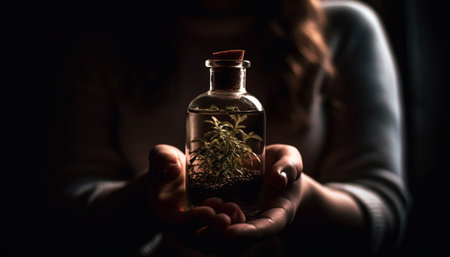 Hand holding fresh herb bottle, promoting healthy lifestyles generated by artificial intelligenceの素材