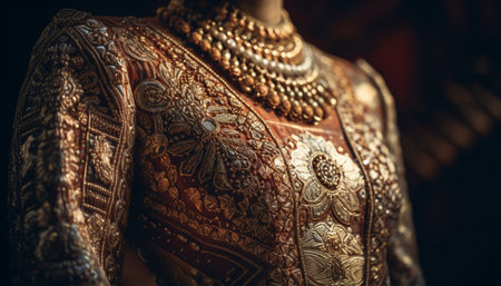 Ornate gold dress showcases East Asian elegance generated by artificial intelligenceの素材