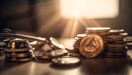 Stacks of gold coins symbolize financial success generated by artificial intelligenceの素材