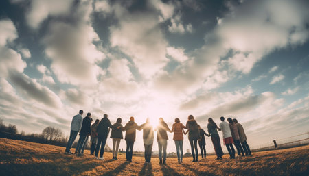 Silhouette of multi ethnic group standing in sunset generated by artificial intelligenceの素材
